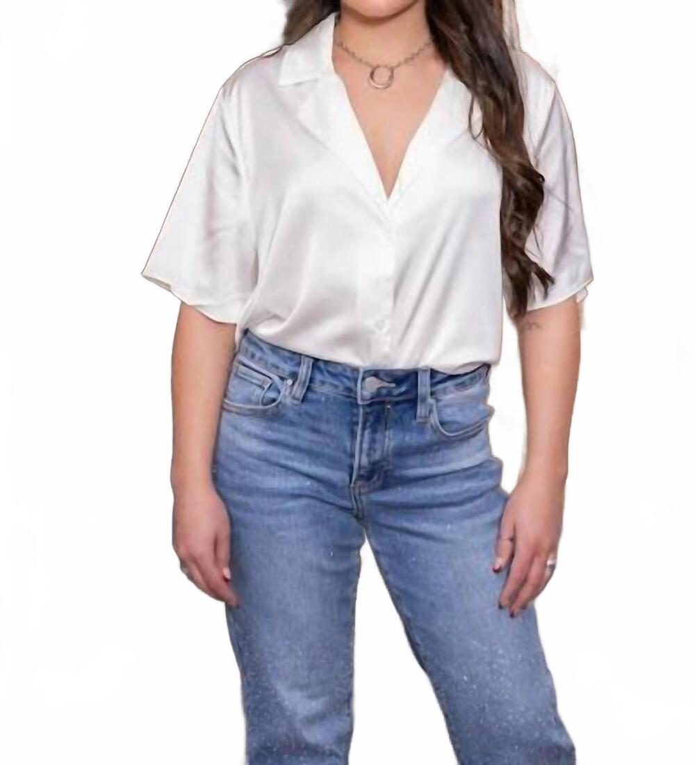 NEW EE:SOME satin button up short sleeve blouse in off white